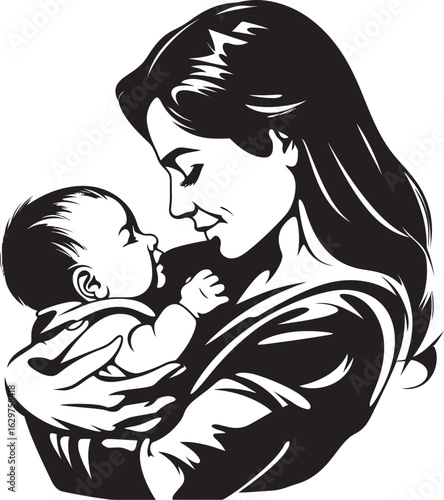 Nurturing Hug Black Vector Art Elegant Silhouette Mother and Child