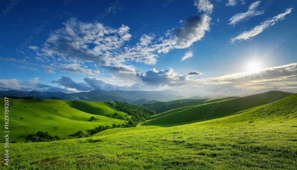 Obraz premium serene landscape a picturesque scene unfolds as rolling green hills are embraced by a radiant blue sky dotted with fluffy clouds creating a sense of tranquility and natural beauty