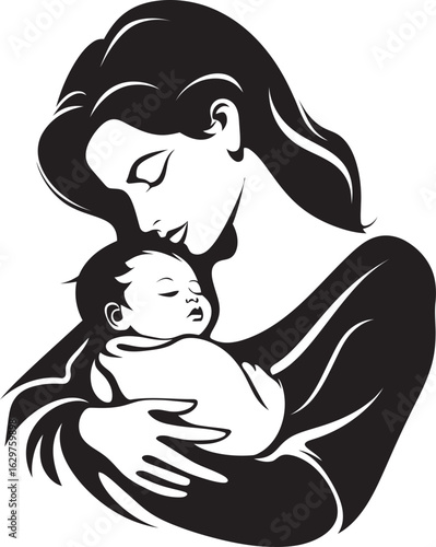 Black Line Art Mother Holding Child Heartwarming Mother’s Embrace