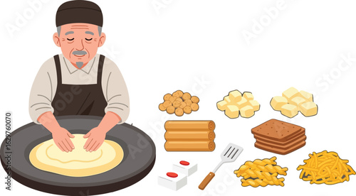 Illustration of man making food preparation ingredients flatlay