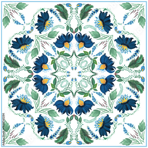 Vector floral pattern for shawl, carpet, scarf. Fantasy flowers, leaves on a white background