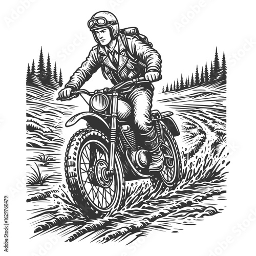 retro motorcyclist riding off-road through mud and forest trails in rugged outdoor gear sketch engraving generative ai fictional character vector illustration. Scratch board imitation. Black and white