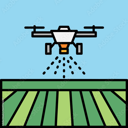 Flat design of agricultural drone spraying fields, representing smart farming, crop care, and sustainable agriculture