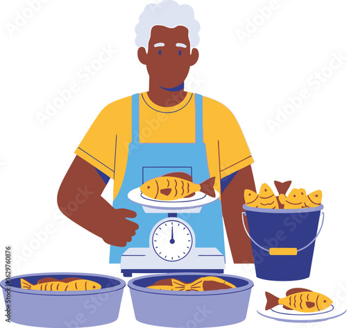 Illustration of fishmonger weighing fish for sale at market stall