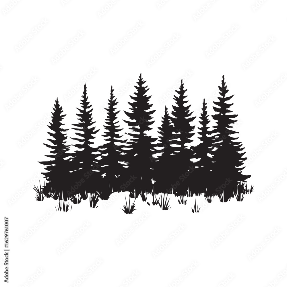 Obraz premium Silhouette of a pine forest silhouette, Pine Forest Silhouette Vector Illustrations, pine tree forest silhouette vector illustration, black silhouette forest tree lines and natural landscape elements