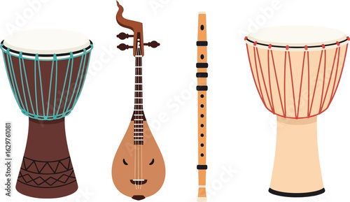 Illustration of drums flute and stringed instrument for music