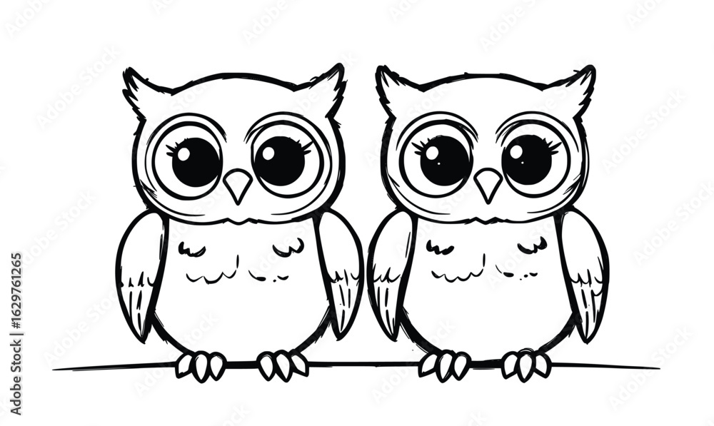 Fototapeta premium Cute Cartoon Owls Line Art | Minimal Owl Drawing for Kids, Coloring Books, Crafts & DIY Projects