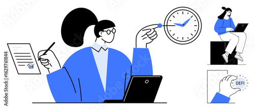 Woman managing time, signing documents, working on laptop clock, contract, and blockchain concept. Ideal for productivity, workflow, technology, time management innovation remote work simple flat