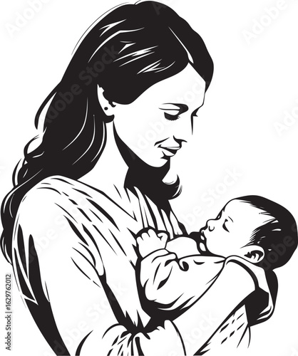 Mother Holding Baby with Loving Arms Stylish Mother Hugging Infant Silhouette