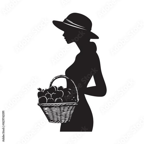 Woman Holding Basket silhouette, Woman holding the fuits basket silhouette, A silhouette of a Woman holding a basket of fresh fruits
