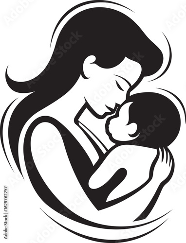 Soft Embrace Mother Holding Baby Vector Mother’s Loving Touch in Black Icon
