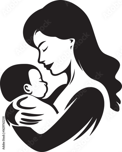 Warm Mother Cradling Newborn Silhouette Graceful Mother Holding Her Child in Black