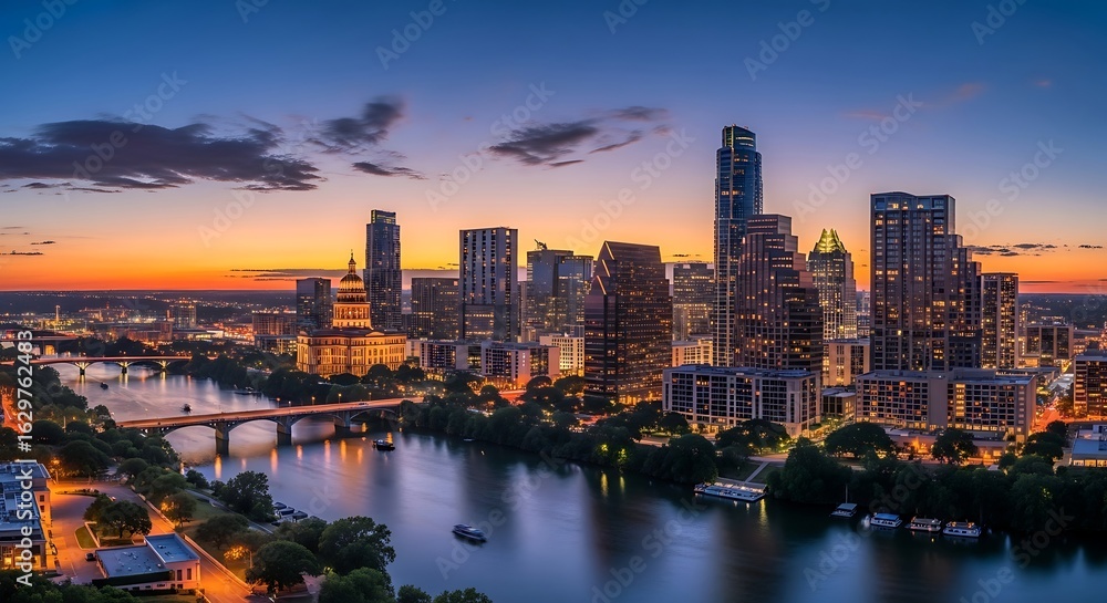 Fototapeta premium Austin Texas skyline at dusk with the Colorado River reflecting the city lights