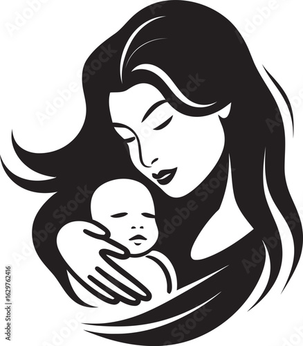 Modern Black Vector of Mother Holding Child Soft Touch Mother and Infant in Black