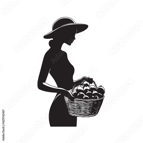 Woman Holding Basket silhouette, Woman holding the fuits basket silhouette, A silhouette of a Woman holding a basket of fresh fruits