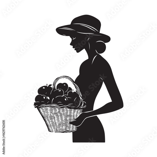 Woman Holding Basket silhouette, Woman holding the fuits basket silhouette, A silhouette of a Woman holding a basket of fresh fruits