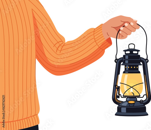 Illustration of hand holding vintage lantern light source black