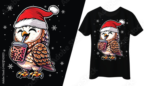 Christmas Owl Drinking Bubble Tea, Wearing Santa Hat, T-Shirt Design.