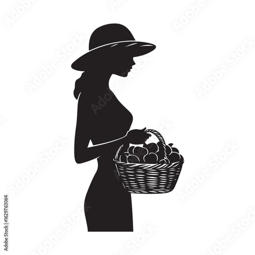 Woman Holding Basket silhouette, Woman holding the fuits basket silhouette, A silhouette of a Woman holding a basket of fresh fruits