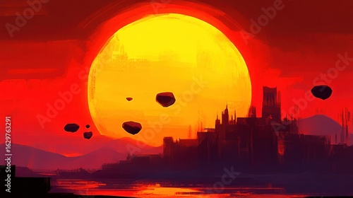 Red sun sets over a silhouetted city, mysterious floating rocks in the sky