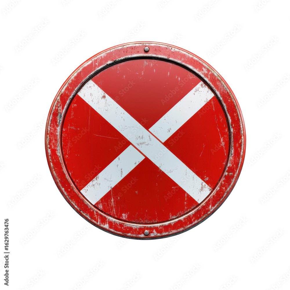 Obraz premium Distressed red railroad crossing sign with white cross, symbol of caution and safety for transportation and industrial applications on transparent background