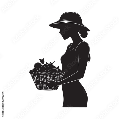 Woman Holding Basket silhouette, Woman holding the fuits basket silhouette, A silhouette of a Woman holding a basket of fresh fruits