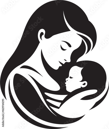 Mother Holding Newborn Black Design Modern Mother Hugging Infant Vector Logo