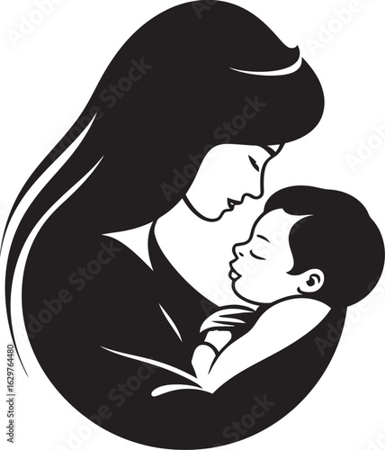 Modern Mother Hugging Baby Vector Logo Graceful Mother and Baby Outline Design