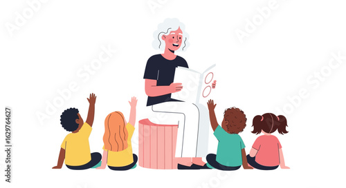Teacher reading to kids vector illustration stock image art