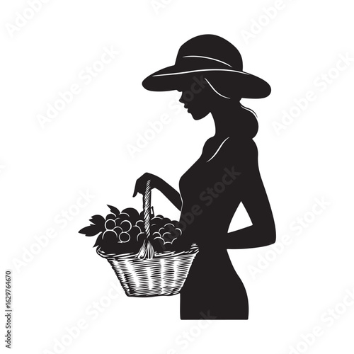 Woman Holding Basket silhouette, Woman holding the fuits basket silhouette, A silhouette of a Woman holding a basket of fresh fruits