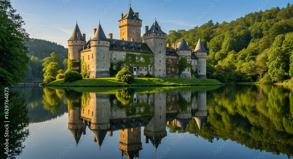 Obraz premium A beautiful castle reflecting in the water surrounded by trees and a clear blue sky above it all