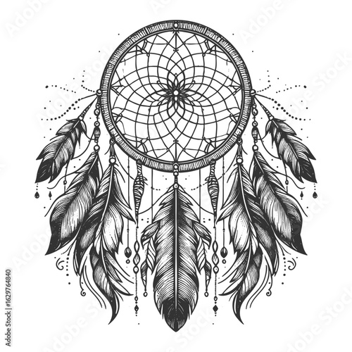 dreamcatcher with feathers and beads in black and white, featuring ornate mandala-style center and tribal elements sketch engraving generative ai vector illustration. Scratch board. Black and white.