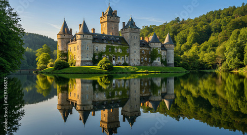 A beautiful castle reflecting in the water surrounded by trees and a clear blue sky above it all