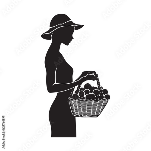 Woman Holding Basket silhouette, Woman holding the fuits basket silhouette, A silhouette of a Woman holding a basket of fresh fruits