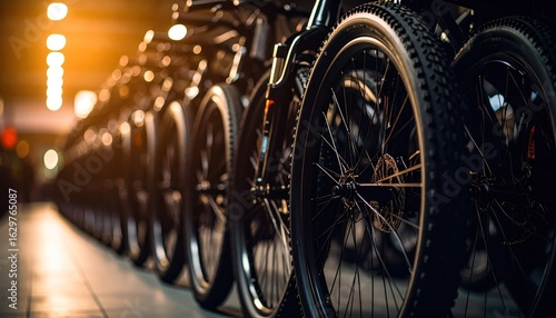 Bicycle wheels lined up in warehouse ready for sales and distribution activity