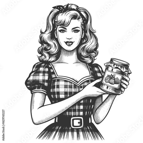 cheerful woman in a plaid dress presenting a jar of homemade berry jam sketch engraving generative ai fictional character vector illustration. Scratch board imitation. Black and white image.