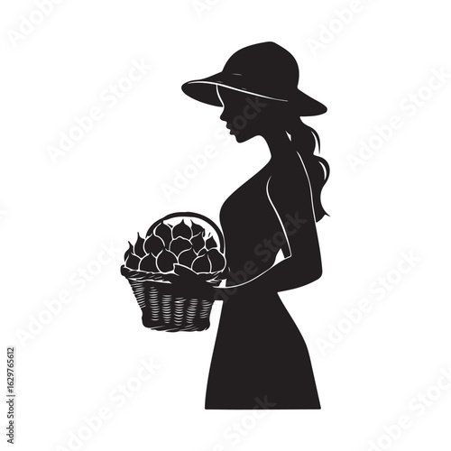 Woman Holding Basket silhouette, Woman holding the fuits basket silhouette, A silhouette of a Woman holding a basket of fresh fruits