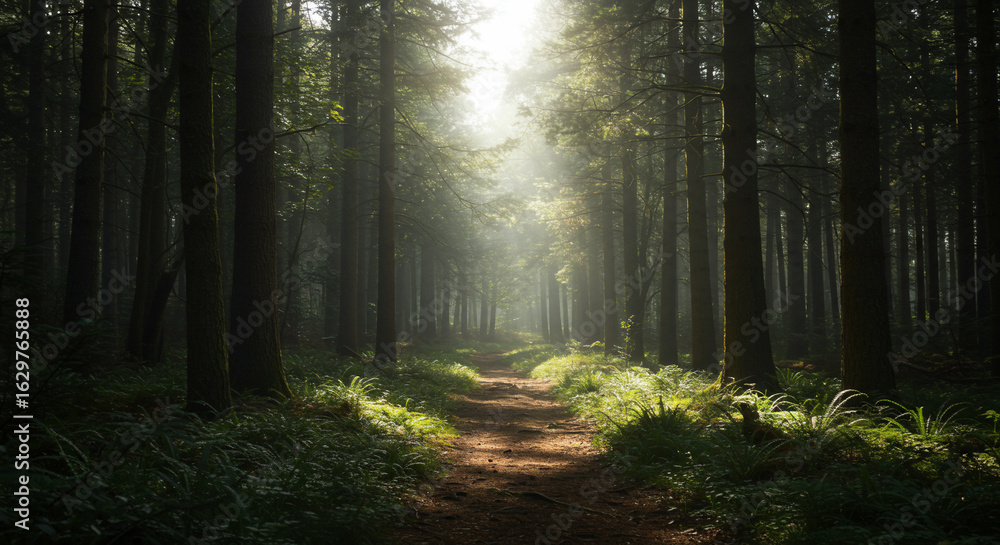 Naklejka premium A path through a dense forest with sunlight streaming through the trees illuminating the trail ahead