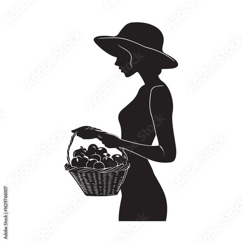 Woman Holding Basket silhouette, Woman holding the fuits basket silhouette, A silhouette of a Woman holding a basket of fresh fruits