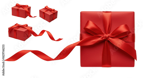 Elegant red gift boxes with flowing ribbon isolated on transparent background