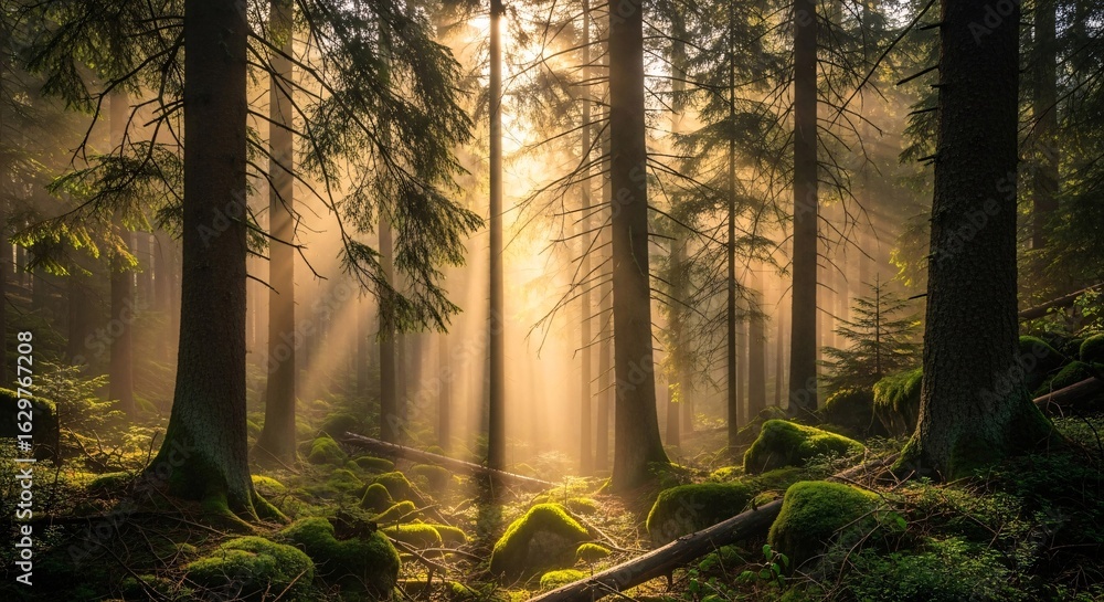 Obraz premium Sunlight Filtering Through Misty Forest Trees