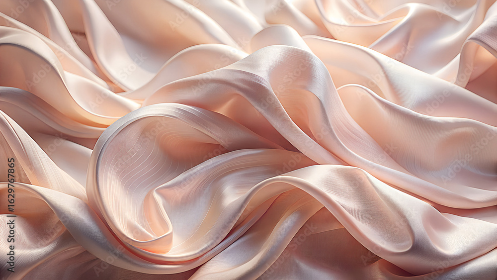 Fototapeta premium Close up of flowing iridescent silk fabric with soft pastel hues creating elegant wavy textures and luxurious shimmering highlights