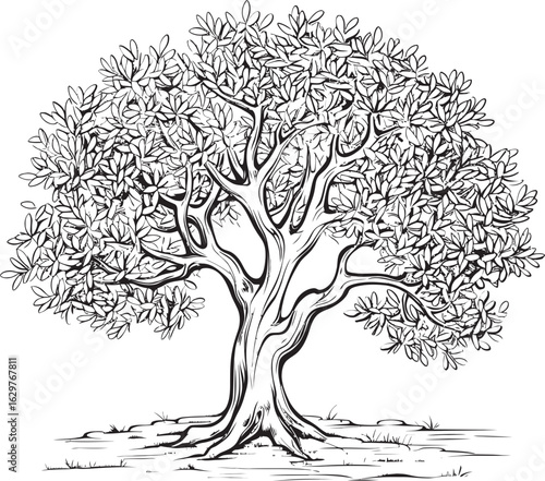 Olive Tree Black Vector Logo with Leaf Silhouette Olive Tree Black Vector Icon with Roots Detail