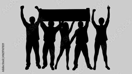 Silhouette Protest: A silhouette of people during a protest. Their raised arms holding banner, expressing strength and determination.