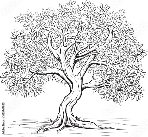 Olive Tree Black Vector Icon with Roots Detail Olive Tree Black Line Art Vector Logo