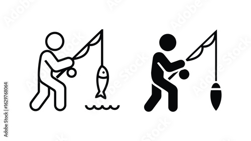 Simple line art icons: person fishing, two variations; one with caught fish, one with bobber; minimalist, hobby, recreation, leisure, vector illustration.