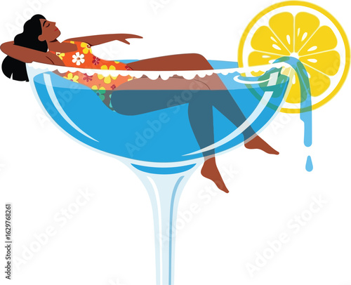 Woman relaxing in cocktail glass summer vacation illustration