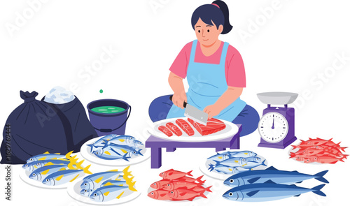 Woman preparing fresh fish seafood for sale at market stall
