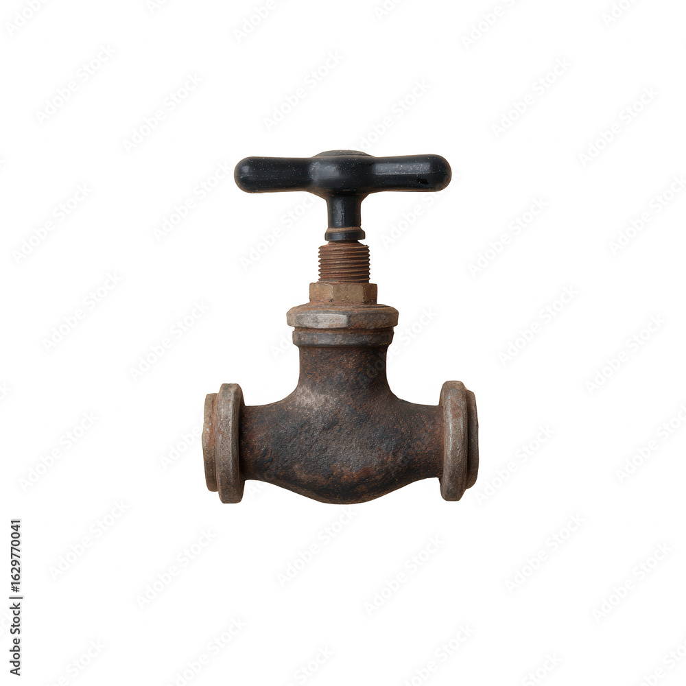 An old, rusty industrial valve with a black handle, isolated on a white background. Perfect for illustrating concepts related to plumbing, machinery, and industrial environments. An old, rusty industrial valve with a black handle, isolated on a white background. Perfect for illustrating concepts related to plumbing, machinery, and industrial environments.
