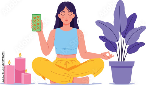 Woman meditating with phone digital detox and wellness concept